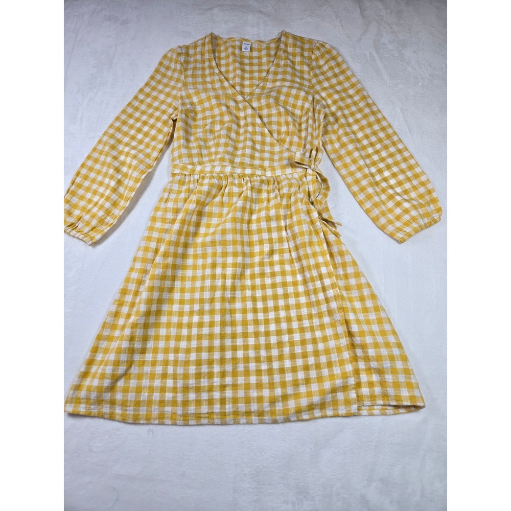Old Navy Yellow and White Gingham Long Sleeve Wrap Dress
